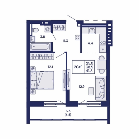 
  Продается 2-комн. квартира 41.8 м², в ЖК Горизонт, дом 2. Фото 1.