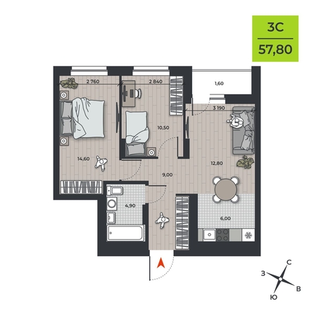 
  Продается 3-комн. квартира 57.8 м², в ЖК ДНК. Фото 1.