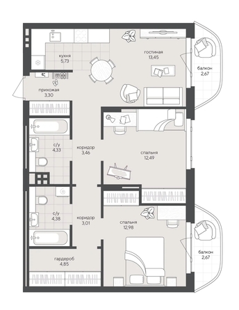
  Продается 2-комн. квартира 73.32 м², в ЖК Новый Кедровый, дом 2. Фото 1.