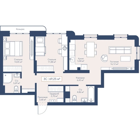 
  Продается 2-комн. квартира 69.25 м², в ЖК Виларт, дом 2. Фото 1.