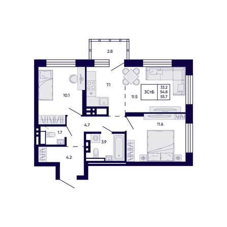
  Продается 3-комн. квартира 55.7 м², в ЖК Цитатум. Фото 1.