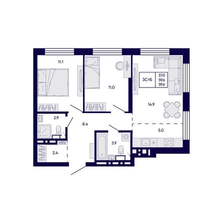 
  Продается 3-комн. квартира 59.6 м², в ЖК Цитатум. Фото 1.