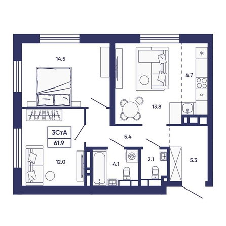
  Продается 3-комн. квартира 61.9 м², в ЖК Сподвижники, дом 2. Фото 1.