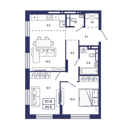 
  Продается 3-комн. квартира 64.8 м², в ЖК Сподвижники, дом 2. Фото 1.