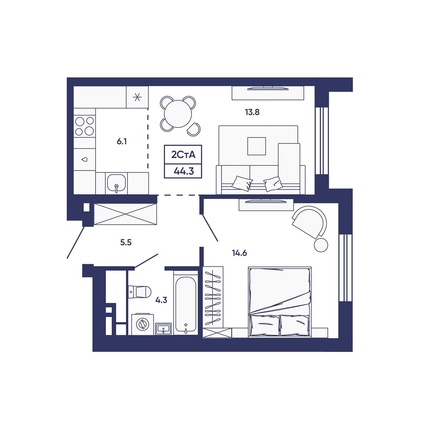 
  Продается 2-комн. квартира 44.3 м², в ЖК Сподвижники, дом 3. Фото 1.