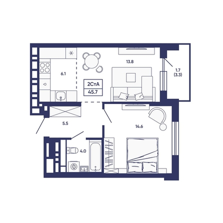 
  Продается 2-комн. квартира 45.7 м², в ЖК Сподвижники, дом 3. Фото 1.