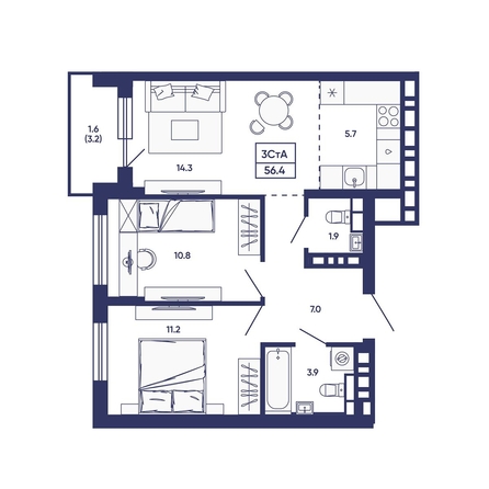 
  Продается 3-комн. квартира 56.4 м², в ЖК Сподвижники, дом 3. Фото 1.
