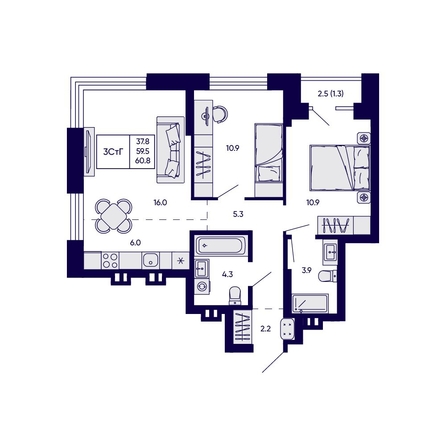 
  Продается 3-комн. квартира 60.8 м², в ЖК Грибоедовский сад. Фото 1.
