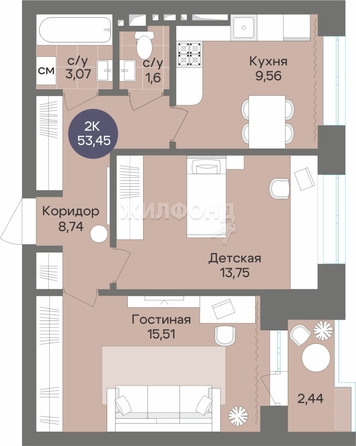 
   Продам 2-комнатную, 53.45 м², Квартал на Российской

. Фото 1.