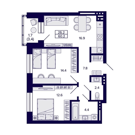 
   Продам 2-комнатную, 60.2 м², Сподвижники

. Фото 1.