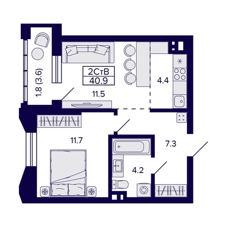 
   Продам 2-комнатную, 40.9 м², Grando (Грандо)

. Фото 1.