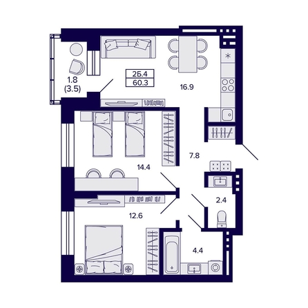 
   Продам 2-комнатную, 60.3 м², Сподвижники

. Фото 1.