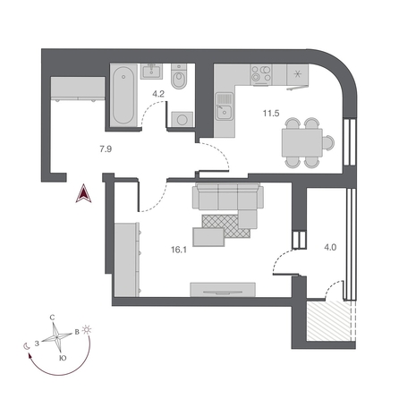 
   Продам 1-комнатную, 41.75 м², Беринг, дом 2

. Фото 2.