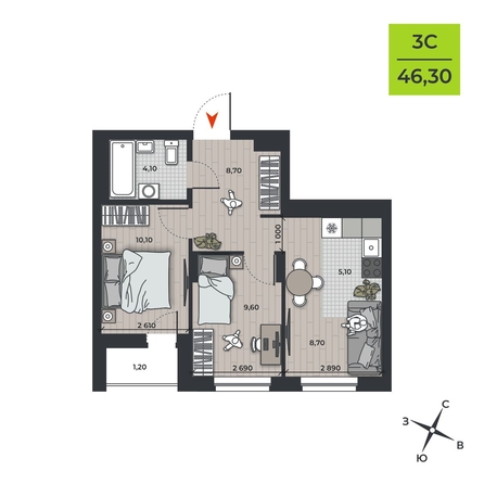 
  Продается 3-комн. квартира, 46.3 м², ЖК ДНК
. Фото 2.