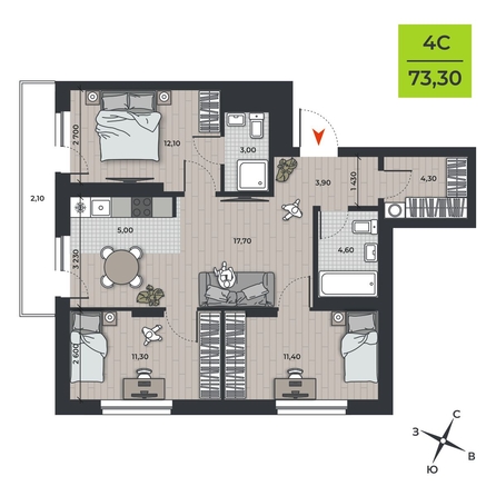 
   Продам 4-комнатную, 73.3 м², ДНК

. Фото 2.