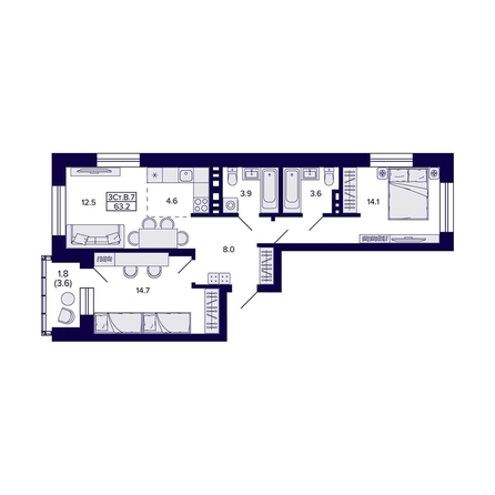 
  Продается 3-комн. квартира, 63.2 м², ЖК Сподвижники
. Фото 2.