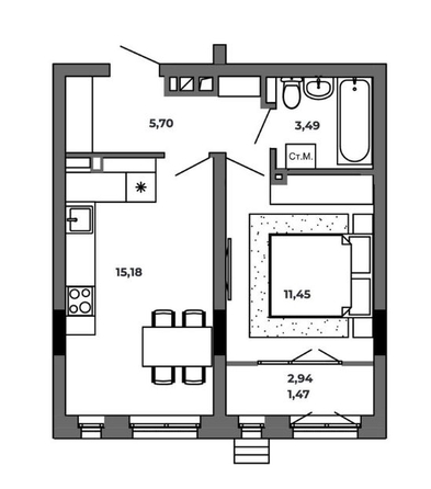 
   Продам 1-комнатную, 38 м², Красный Пахарь

. Фото 2.