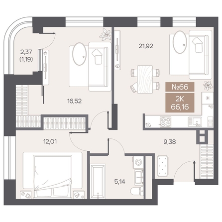 
  Продается 2-комн. квартира 66.16 м², в ЖК ЦЕНТР-ПАРК на Волочаевской. Фото 3.