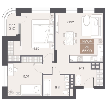 
  Продается 2-комн. квартира 65.9 м², в ЖК ЦЕНТР-ПАРК на Волочаевской. Фото 1.