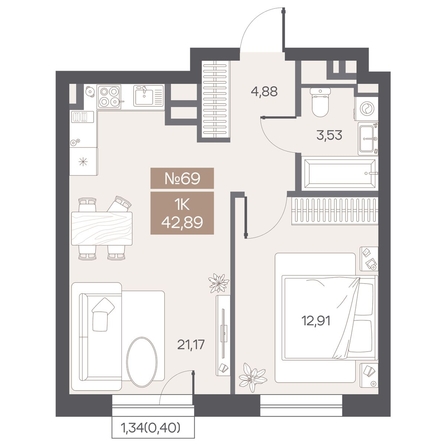 
  Продается 1-комн. квартира 42.89 м², в ЖК ЦЕНТР-ПАРК на Волочаевской. Фото 1.