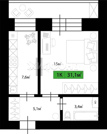 
  Продается 1-комн. квартира, 31.1 м², Энергетиков ул, д. 15
. Фото 13.