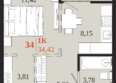 1661: Планировка 1-комн 34,38, 34,42 м²