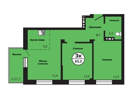 Продается 3-комнатная квартира ЖК Тихие зори, дом Гранит корпус 2, 62.4  м², 7363200 рублей