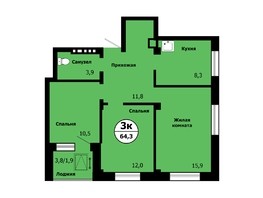 Продается 3-комнатная квартира ЖК Тихие зори, дом Стрелка, корпус 2, 64.3  м², 7542390 рублей