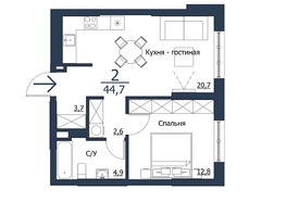 Продается 2-комнатная квартира ЖК Чижи, 1 очередь, 44.7  м², 8100000 рублей