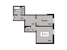 Продается 1-комнатная квартира ЖК Домино, дом 1, 51.6  м², 6192000 рублей
