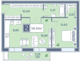 Продается 2-комнатная квартира ЖК Преображенский, дом 8, 58.99  м², 9084460 рублей