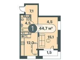 Продается 1-комнатная квартира ЖК Три Клёна, дом 1, 44.7  м², 6794400 рублей