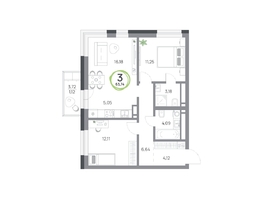 Продается 3-комнатная квартира ЖК Юдинский, дом 1.4, 63.74 м², 7820898 рублей