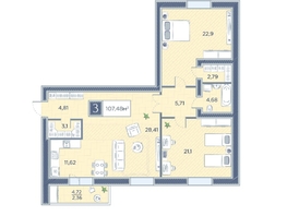 Продается 3-комнатная квартира ЖК Преображенский, дом 6, 107.48  м², 13435000 рублей