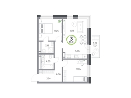 Продается 3-комнатная квартира ЖК Юдинский, дом 1.4, 63.21 м², 7787472 рублей