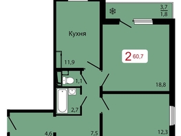 Продается 2-комнатная квартира ЖК КБС. Классика, дом 1, 60.7  м², 7616100 рублей