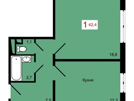 Продается 1-комнатная квартира ЖК КБС. Берег, дом 7 строение 2, 42.4  м&sup2;, 6489000 рублей