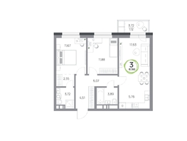 Продается 3-комнатная квартира ЖК Юдинский, дом 1.4, 67.6  м&sup2;, 9450480 рублей