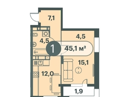 Продается 1-комнатная квартира ЖК Три Клёна, дом 1, 45.1  м&sup2;, 7441500 рублей