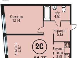 Продается 2-комнатная квартира ЖК Адалин на Южном, дом 15 корпус 5, 44.35  м², 5100250 рублей