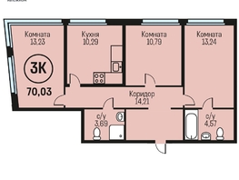 Продается 3-комнатная квартира ЖК Адалин на Южном, дом 15 корпус 5, 70.03  м², 7493210 рублей