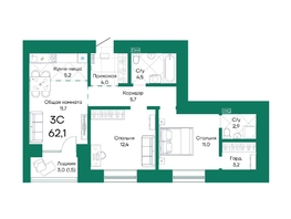 Продается 3-комнатная квартира ЖК Широта, корпус 2, 62.1  м², 8222040 рублей