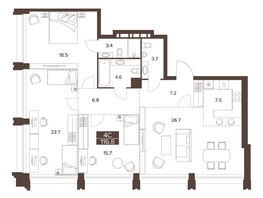 Продается 4-комнатная квартира ЖК Сахаров Парк, 116.8  м², 43204320 рублей