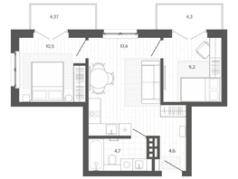 Продается 3-комнатная квартира ЖК Вышка, корпус 3, 54.64  м², 10260000 рублей