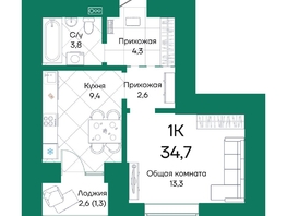 Продается 1-комнатная квартира ЖК Широта, корпус 2, 34.7  м², 5524914 рублей