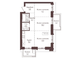 Продается 3-комнатная квартира ЖК Империал, 57.1  м&sup2;, 10734800 рублей