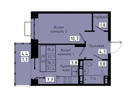 Продается 2-комнатная квартира ЖК Зеленые кварталы, 3 оч, корпус 1, 33.4  м², 5243800 рублей