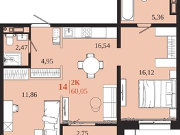 Продается 2-комнатная квартира ЖК 1661, 60.05  м&sup2;, 12100075 рублей