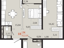 Продается 2-комнатная квартира ЖК 1661, 62.64  м&sup2;, 12340080 рублей