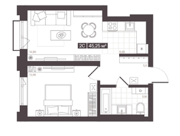 Продается 2-комнатная квартира  Жилой квартал «Моне», 45.25  м², 7577475 рублей